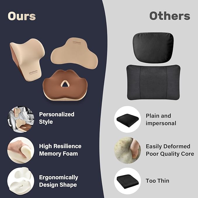 Coverado Seat Cushion and Lumbar Support Headrest Pillow for Car Office Chair, Ergonomic Memory Foam Chair Cushion Back Neck Support Pillow, Sciatica & Back & Tailbone Pain Relief Cushion-Beige-DeskLoop Office
