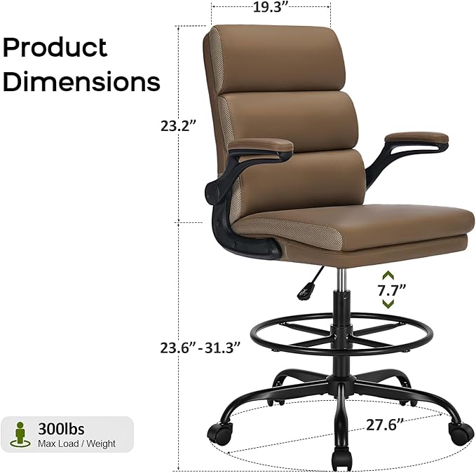 Drafting Chair Tall Office Chair with Padded Flip-up Armrests Executive Ergonomic Computer Standing Desk Chair with Comfortable Leather Backrest and Adjustable Footrest Ring (Tan)-DeskLoop Office