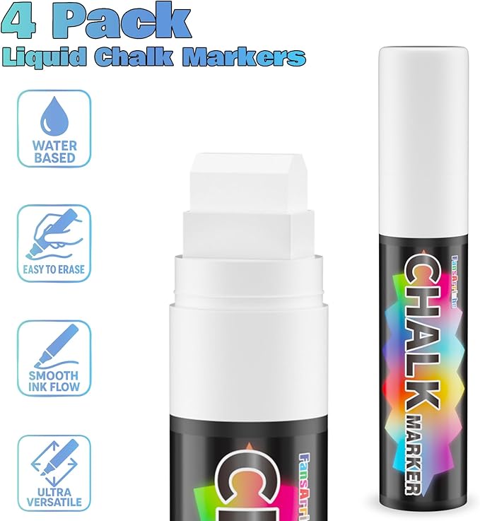 FansArriche White Chalk Markers, 15mm Jumbo Car Window Markers for Glass Washable, 4 Pack Liquid Chalk Marker Erasable for Chalkboard, Blackboard-DeskLoop Office