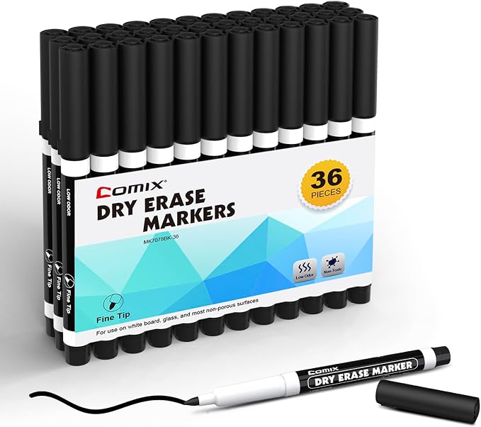 Comix Fine Tip Dry Erase Markers, Low Odor Whiteboard Markers, 36 Bulk Black by Comix
