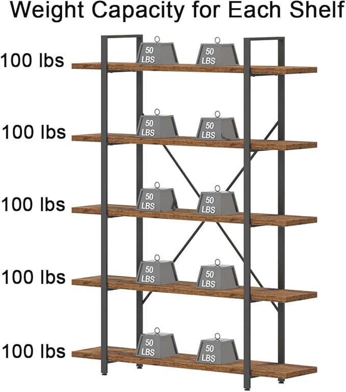 HSH Rustic Bookcases and Book Shelves 5 Shelf, Metal Wood 5 Tier Bookshelf and Storage Book Rack, Vintage Large Book Shelf for Bedroom Living Room Office,Open Vertical Display Etagere Book Case, Brown-DeskLoop Office