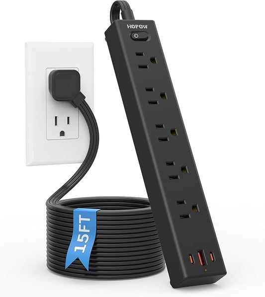Flat Plug Power Strip, 15FT Ultra Thin Flat Extension Cord, Surge Protector with 5 Outlets & 3 USB Ports (2 USB C), 1700 Joules, 3-Prong, Wall Mount for Home Office Dorm, Black-DeskLoop Office