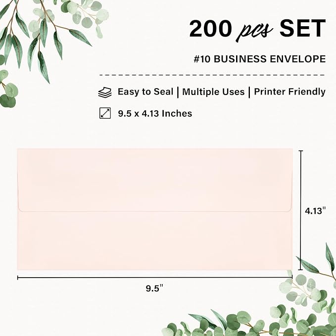 200 Pack #10 Business Envelopes, Self Seal Standard Blush Pink Envelopes - Image 2