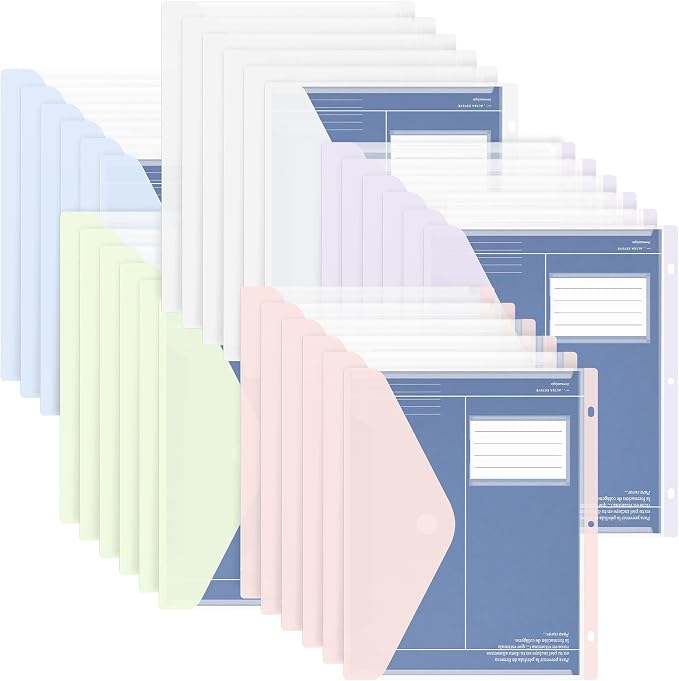 30 Pack Binder Pockets, Heavyweight Clear Plastic Folders by WORPSON