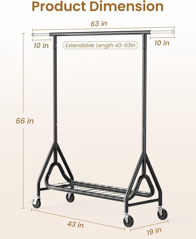 Heavy Duty Clothes Rack, Metal Clothing Rack Load 450 LBS, Rolling Coat Racks for Hanging Clothes with Lockable Wheels, Wardrobe Closet Garment Racks for Bedroom, Black-DeskLoop Office