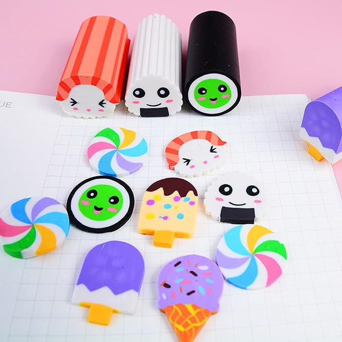Food Erasers 12 Pack Sushi Desserts Desk Pet Erasers for Kids Cute Fun School Supplies Prize Gifts Party Favors-DeskLoop Office