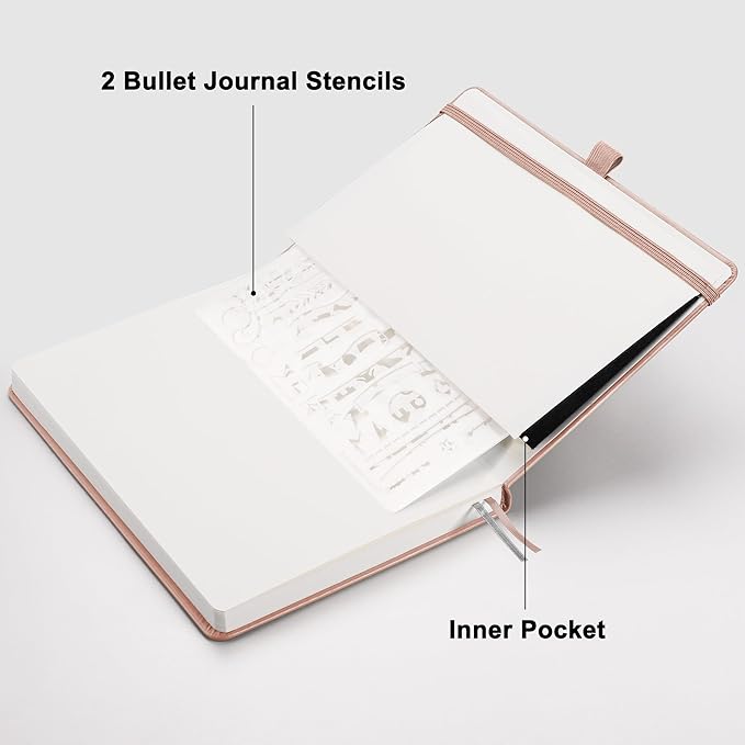 RETTACY Bullet Dotted Journal Notebook, 192 Pages, A5 Medium Size (5.7'' x 8.3''), Leather Hardcover, 100 GSM Thick Paper, for Bullet Journaling, Planning, Tracking (Rose Gold)-DeskLoop Office