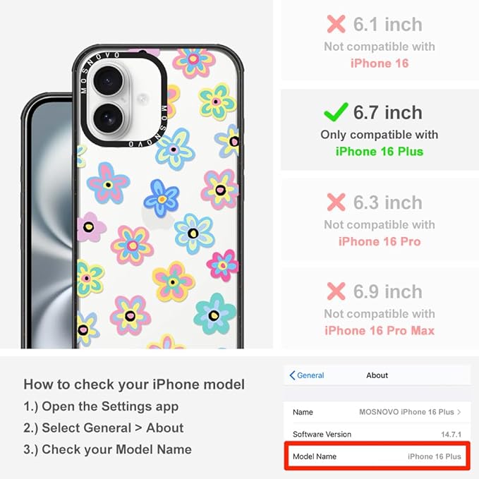 MOSNOVO Case for iPhone 16 Plus, [10ft 4X Military-Grade Drop Protection] Durable & Shockproof Phone Case Cover Design for iPhone 16 Plus - Groovy Flower - Clear Black-DeskLoop Office