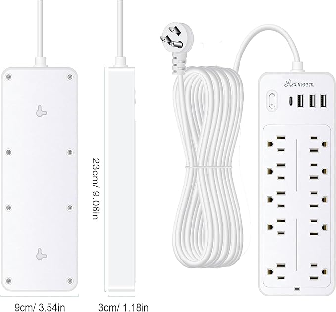 15 FT Power Strips with Surge Protection 1625W/13A,10 Outlets with 4 USB Ports (1 USB C) Long Extension Cord with Multiple Outlets 16Awag 1700J Flat Plug Power Strip Protector White,ETL Listed-DeskLoop Office