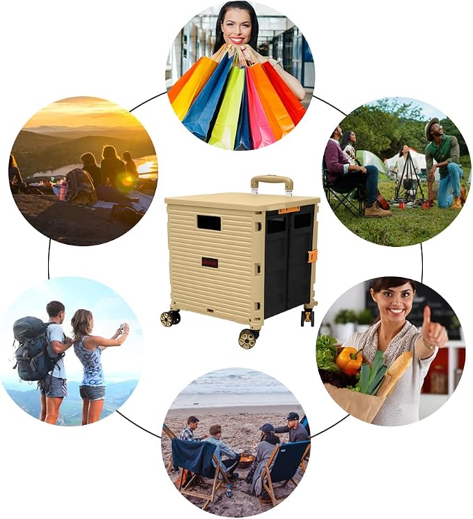 FELICON SELORSS Foldable Utility Cart Folding Portable Rolling Crate-Khaki | - Image 5