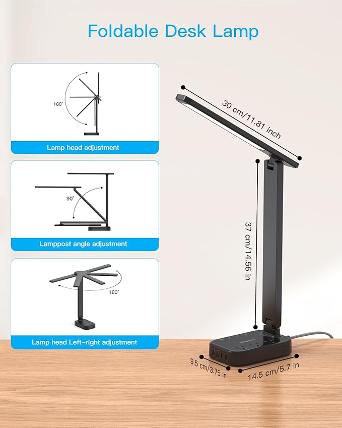 Power Strip with LED Desk Lamp, 10 Ft Extension Cord with 3 Outlets 4 USB Ports(2 USBC), 4 Modes 5 Level Touch Lamp Small Desk Lamps for Home Office College Dorm Room, Study Reading Light - BK-DeskLoop Office