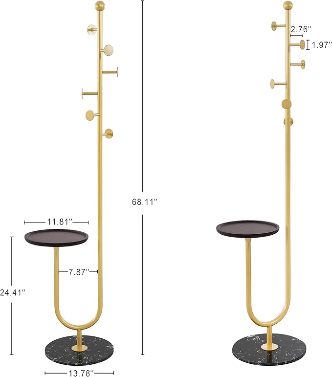 Coat Rack Stand, Metal Coat Tree with Bamboo Tray & 6 Hooks, Heavy Duty Marble Base Corner Coat Stand for Bedroom Hallway Entryway Living Room Office 13.78 x 13.78 x 68.11 Inches (Gold)-DeskLoop Office