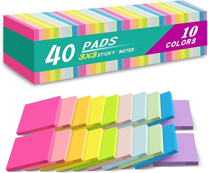 Sticky Notes 3x3 in, Bright Colors Notepads, Colorful Stickies, Super Sticking by Vanpad