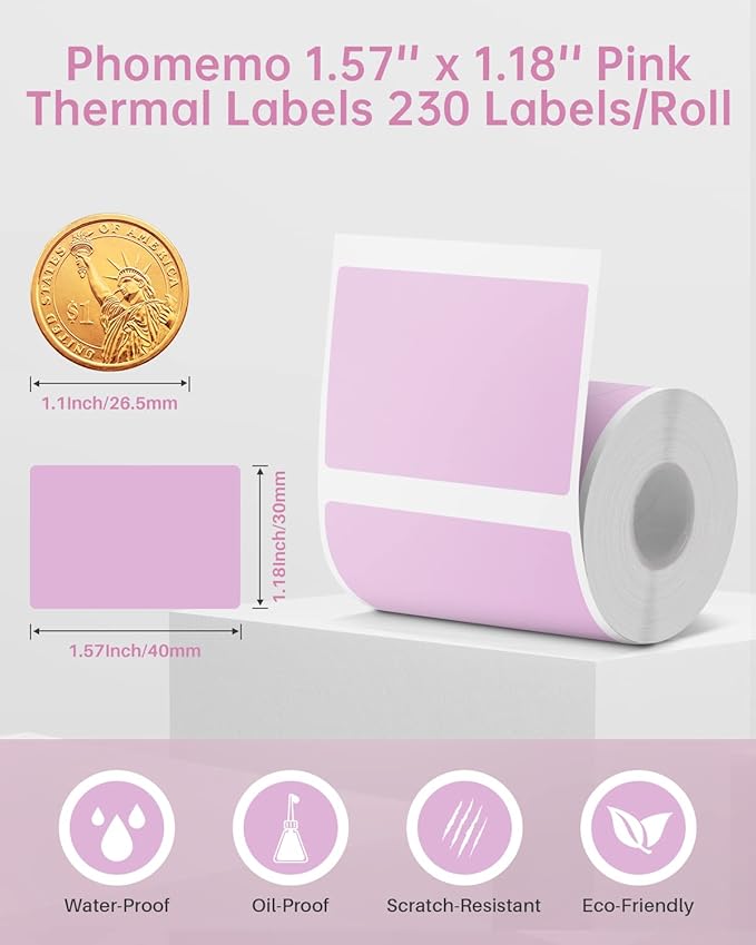 Phomemo M220 Labels,3 Roll Pink Labels for M220 M110 M108 M250 M260 M221 M200 M120 M150 Label Maker,1.57'' x 1.18''(40 x 30mm) Sticker Label for Barcode,Name,Home,Office,School-DeskLoop Office