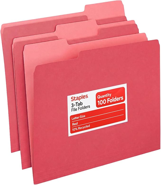 Staples File Folders, Letter Size, 1/3‑Cut Tabs, Durable 10.5‑Point Paper Stock by Staples
