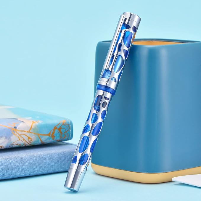 Asvine V169 Vacuum Filling Fountain Pen Fine Nib, Water Drop Skeleton Transparent Blue Acrylic Pen Case Set
