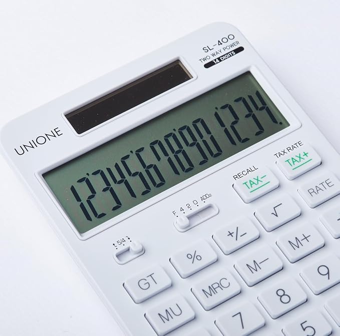 14 Digits Desktop White Calculator with a Bright LCD, Dual Power Handheld Desktop. Color. Business, Office, High School-DeskLoop Office