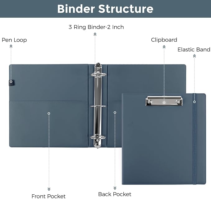 SKYDUE 3 Ring Binder with Clipboard, 2 Inch Heavy Duty Binder, PU Clipboard - Image 7