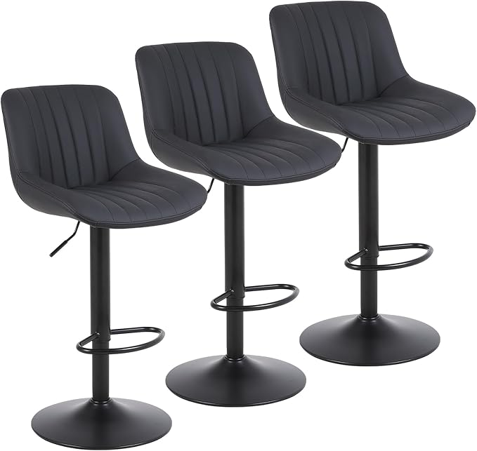 Bar Stools Set of 3, Swivel Counter Height Barstools with Back, Adjustable PU Leather Bar Chairs, Modern Armless Kitchen Island Stool, Black-DeskLoop Office