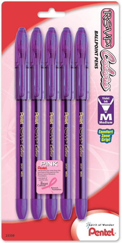 Pentel R.S.V.P. Colors Ballpoint Pen, Medium Line, Violet Ink, 5 Pack by PentelofAmerica