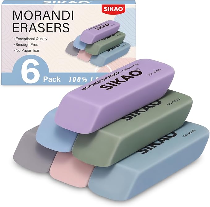 Morandi Erasers, 6 Pack Pencil Erasers | Aesthetic Pastel Beveled Rubber Erasers by Sikao