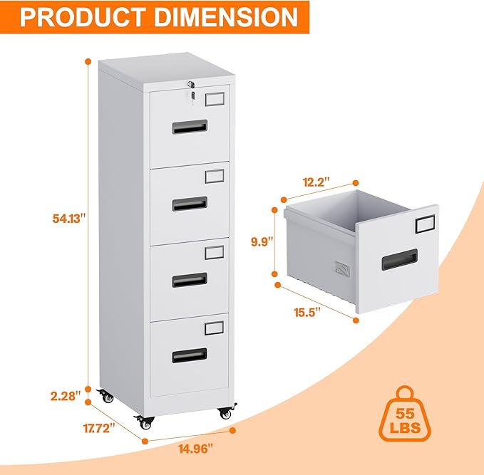 Aobabo 56" H 4 Drawer Moblie Office File Cabinet with Lock, Rolling Metal Filing Storage Cabinet, Legal/Letter A4 Size, White, Assembly Required-DeskLoop Office