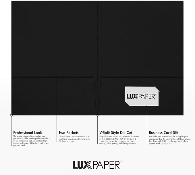 LUXPaper 9" x 12" Presentation Folders | Two Pocket | Black Linen | 100lb. - Image 2