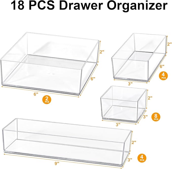 Stackable Acrylic Drawer Organizer Set, 18 PCS Multi-Size Storage Bins for Makeup, Office Desk, Bathroom, Vanity and Kitchen Utensils-DeskLoop Office