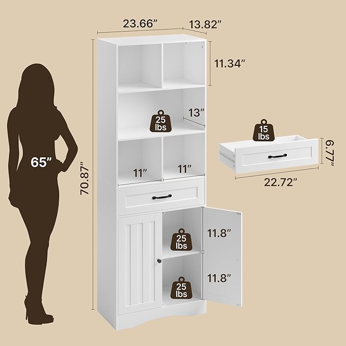 Gizoon Storage Cabinet, 71'' H Kitchen Storage Cabinet with Doors & Drawers, Kitchen Pantry with Adjustable Shelves, Anti-tip, Metal Handle, for Living Room, Office, Bathroom, White-DeskLoop Office