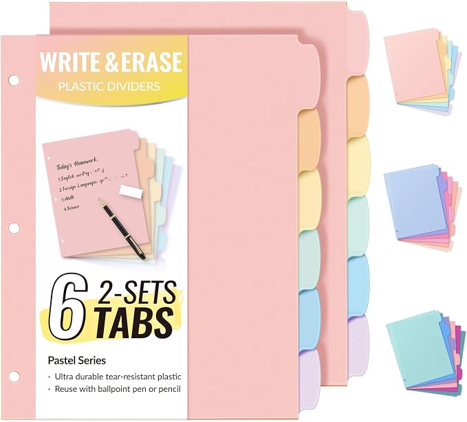 Sooez 6-Tab Durable Plastic Write & Erase Big Tab Dividers by Sooez