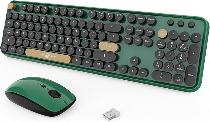 FOPETT Wireless Keyboard and Mouse Combo, 104 Keys Full-Sized 2.4 GHz Round Keycap Colorful Keyboards, USB Receiver Plug and Play, for Windows, Mac, PC, Laptop, Desktop (Black Green)-DeskLoop Office