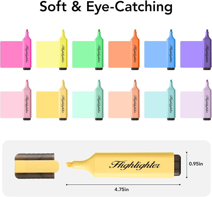 12 Assorted Highlighters, Quick-Dry Chisel Tip Marker Pens | 6 Bright & 6 Soft - Image 2