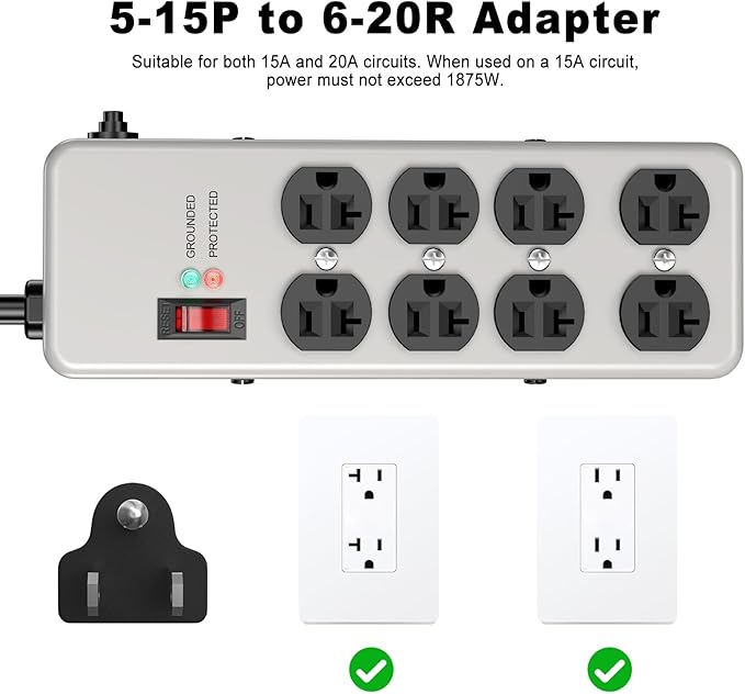 HEZI 20A Power Strip Surge Protector Durable Metal 8-Outlet with Heavy Duty 20 Amp Extension Cord,12 Gauge for Garage,Workshop & Industrial Use with 6-20R T-Slot Outlets,4800J(Grey,10FT)-DeskLoop Office