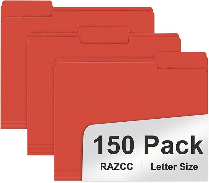 File Folder, RAZCC 150 Pack 1/3 Cut Tab File Folders Letter Size, Folders by RAZCC