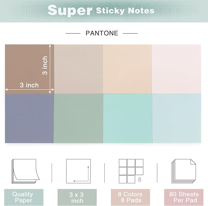 Vintage Colors Sticky Notes 3x3 inch, 8 Pads, Self-Stick Note Pads, Super Sticky Self-Adhesive Sticky Notes, 8 Pads/Pack, 80 Sheets/Pad-DeskLoop Office