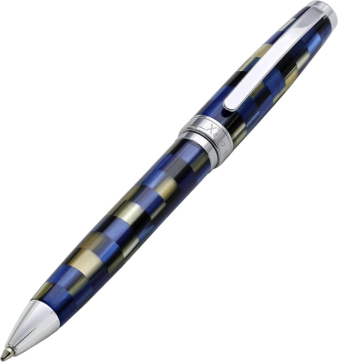 Xezo Urbanite Ballpoint Pen, Medium Point. Retro Blue, Black, and Cream Checkered Acrylic on Brass and Aluminium. Chrome Plated. Limited Edition and Serialized. No Two Alike-DeskLoop Office