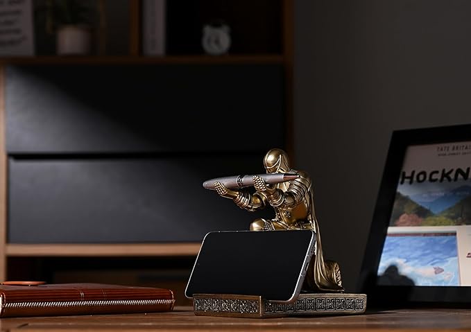 Windbreaker Soldier Knight Pen Holder Personalized Desk Accessory, Mobile Phone & Gaming Controller Holder, Device Stand Gift for Medieval Enthusiasts (Bronze)-DeskLoop Office