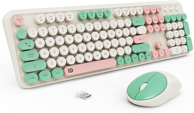 Keyboard and Mouse Wireless,2.4Ghz Retro Typewriter Style Round Keycap,Full Size Wireless Keyboard Mouse Combo,Cute Cordless Keyboard Mouse Set for PC Laptop Desktop Computer-Milk White Green Colorful-DeskLoop Office