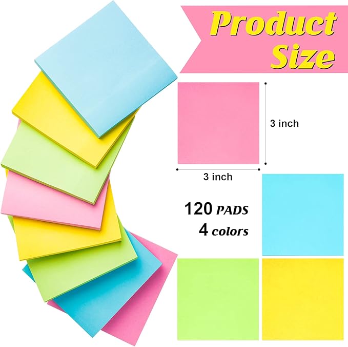 Fainne 120 Pack Sticky Notes Bulk Back to School Supplies Self Stick Note Pads Paper Memo for Office First Day of School Student Teacher Essentials (3 x 3 Inch,Simple Color)-DeskLoop Office