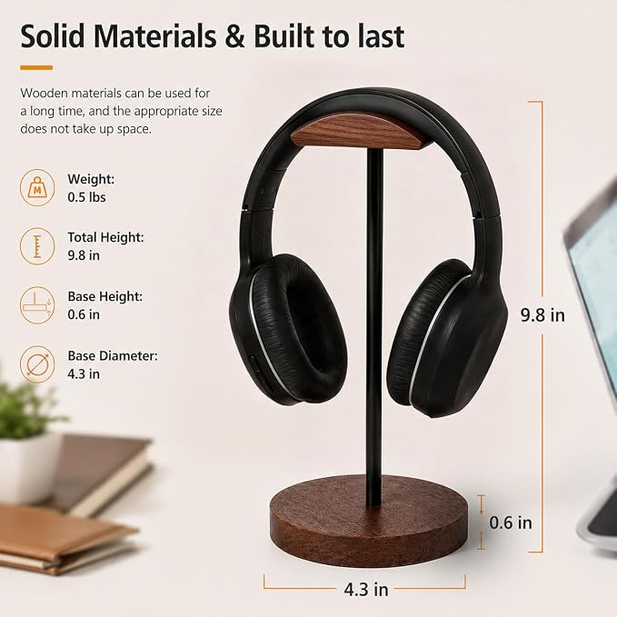 Headphone Holder Stand for Desk, Wood and Metal Headset Hanger Mount Hook - Image 6