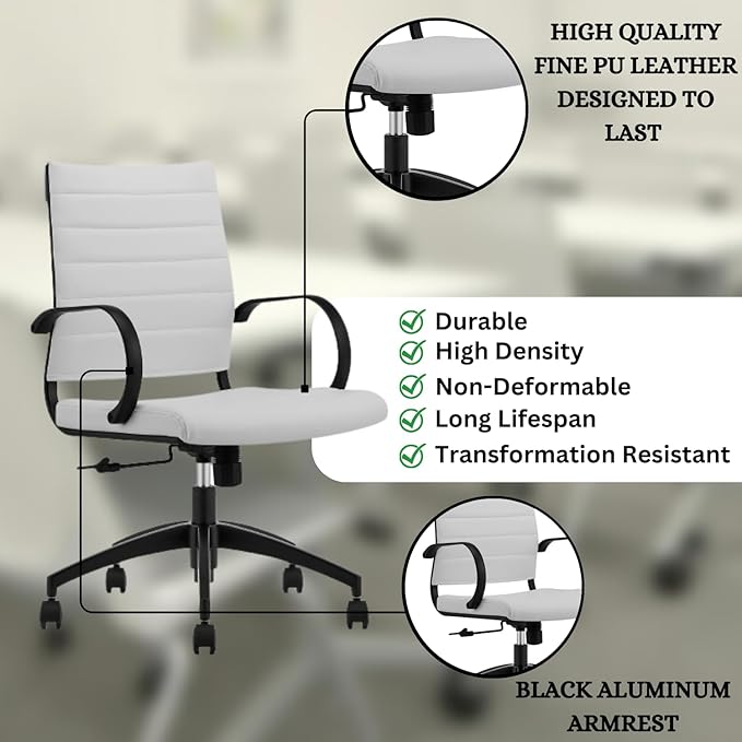 Ribbed Mid Back Conference Room Chairs - Lumbar Support, Modern Executive Home Office Chair - White Leather Seat & Black Aluminum Frame-DeskLoop Office