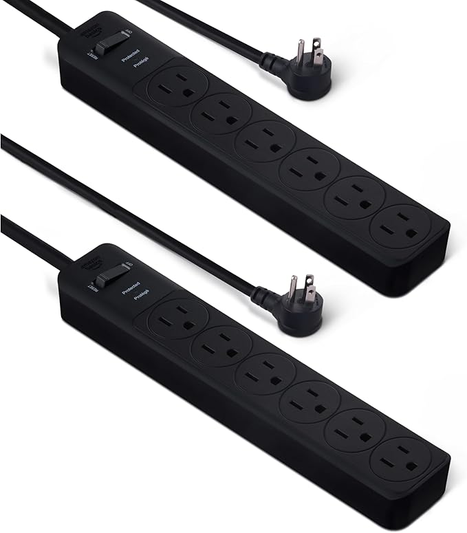 Amazon Basics Rectangle 6-Outlet, 600 Joule Surge Protector Power Strip, 2ft, Black, Small, 2-Pack-DeskLoop Office