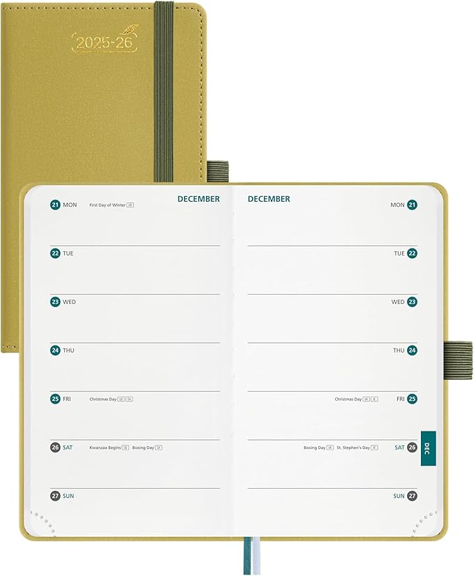 BEZEND Pocket Planner 2025-2026 Weekly with 2 Columns, 18-Month Academic Calendar (Jul 25-Dec 26), Life Work Appointment, Storage Pocket, Pen Holder, PU Leather Hardcover 3.5" x 6" - Mustard-DeskLoop Office
