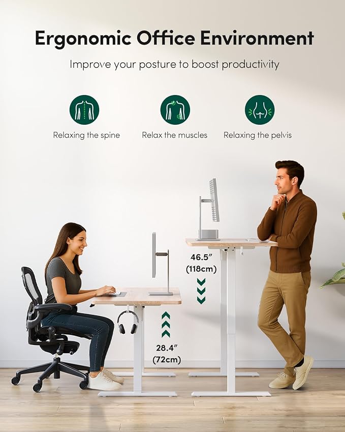 FEZIBO One-Piece Standing Desk Adjustable Height Stand up Home Office Desk, 48x24 Inch Electric Standing Computer Desk, with 4 Memory Presets, Fixable casters, Maple-DeskLoop Office