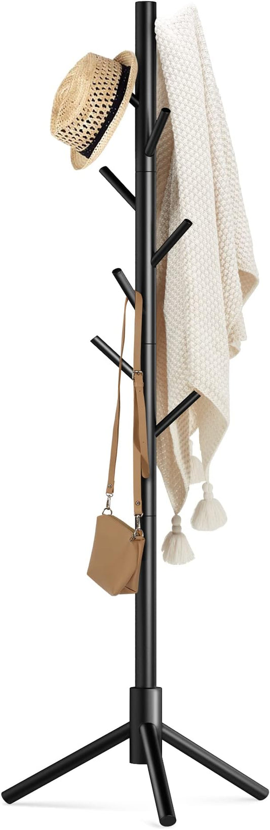 Haddockway Wooden Coat Rack Stand with 8 Hooks New Zealand Pine 3 Adjustable Coat Standing Tree Easy Assembly for Coats, Hats, Scarves and Handbags for Entryway, Hallway, Bedroom, Office-DeskLoop Office