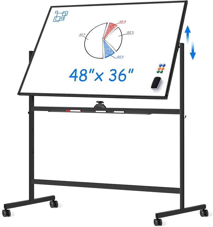 Large Rolling White Board, 48x36 in Double-Sided Mobile Whiteboard, maxtek by Maxtek