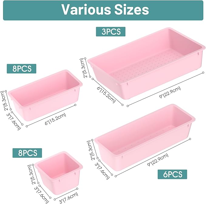 WOWBOX 25 PCS Plastic Drawer Organizer Set, 4 Sizes Desk Drawer Divider Organizers and Storage Bins for Makeup, Jewelry, Gadgets for Kitchen, Bedroom, Bathroom, Office, Pink-DeskLoop Office