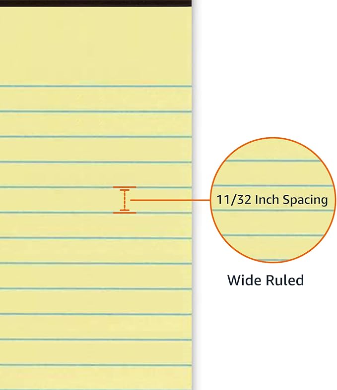 Amazon Basics 50 sheet Wide Ruled Lined Writing Note Pad, 8.5" x 11.75", 12-Pack, 600 Perforated Sheets, Canary-DeskLoop Office
