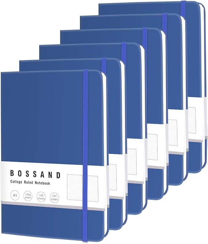 BOSSAND College Ruled Notebooks, 6 Pack A5 Lined Journal Notebooks, 200 Pages 100 GSM Thick Paper, Hardcover, 8.25 inches x 5.75 inches, Navy Blue-DeskLoop Office