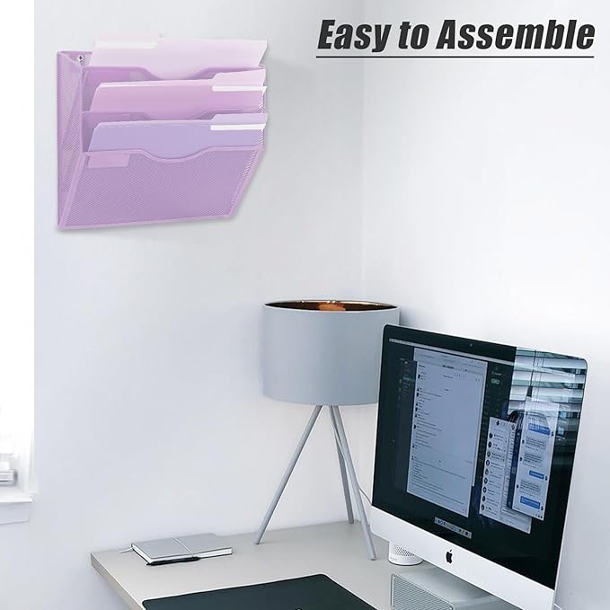 EASEPRES 3 Pocket Mesh Hanging Wall File Organizer, Wall Mounted Mail Paper Document Folder Holder, Clipboard Storage Organization Magazine Rack with Nametag Label for Office Home School, Light Purple-DeskLoop Office